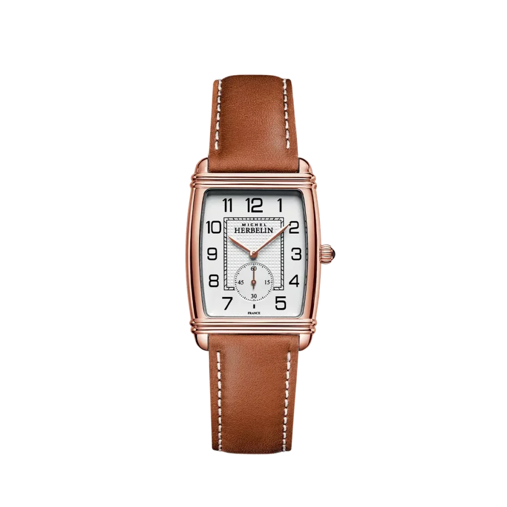 montre herbelin homme boitier rose gold pvd bracelet cuir marron art deco