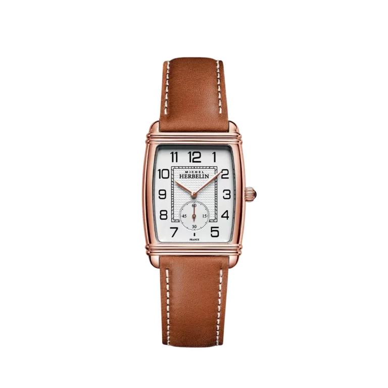 montre herbelin homme boitier rose gold pvd bracelet cuir marron art deco