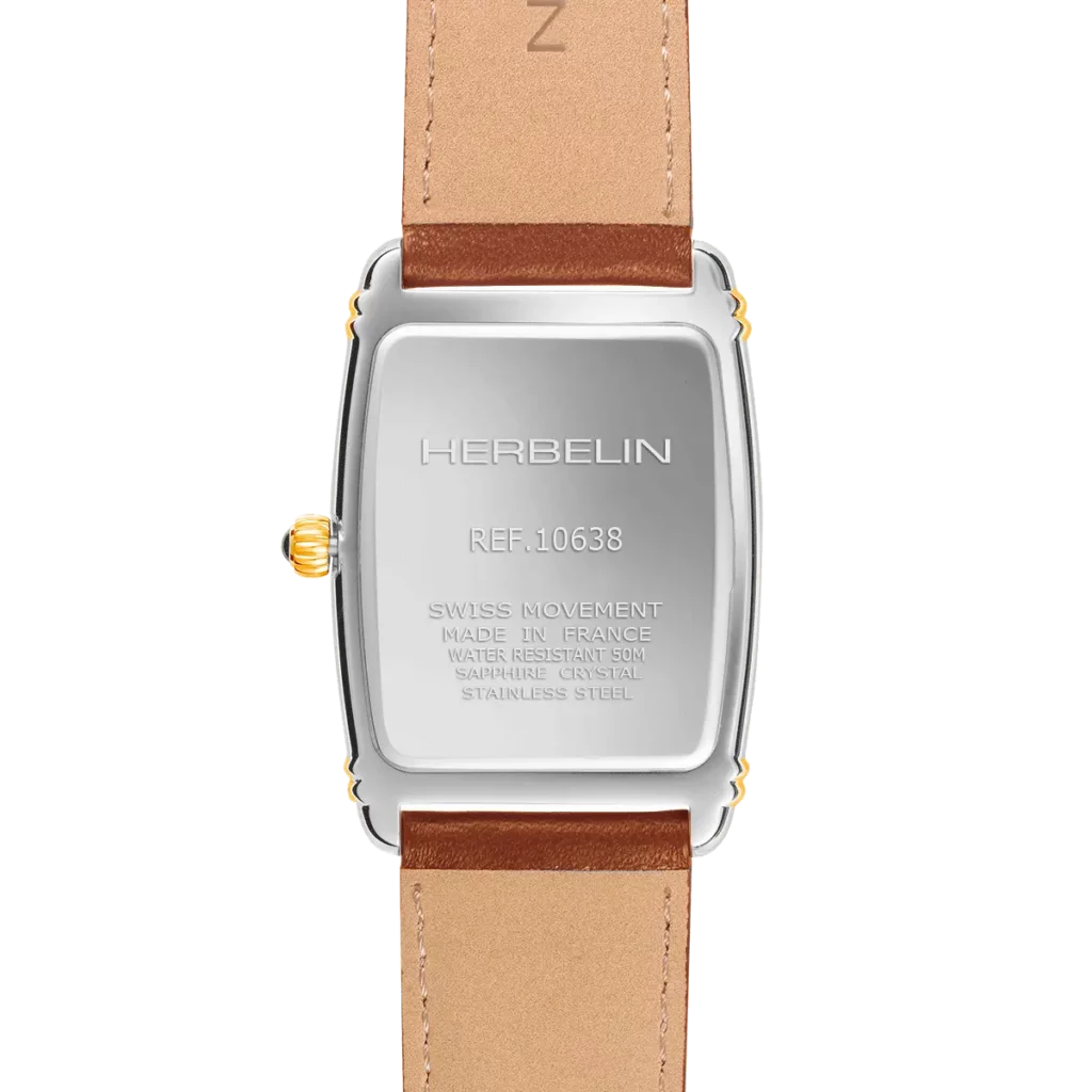dos montre homme bracelet cuir marron boitier bicolore acier dore