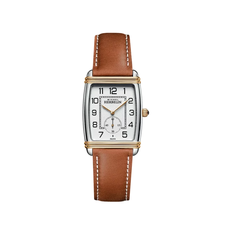 montre homme bracelet cuir marron boitier bicolore acier dore