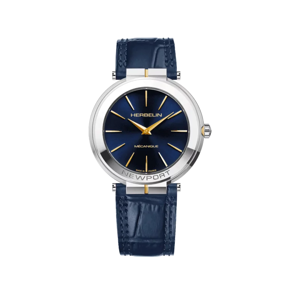 montre herbelin bracelet bleu cadran bleu slim aiguille index plaque or jaune