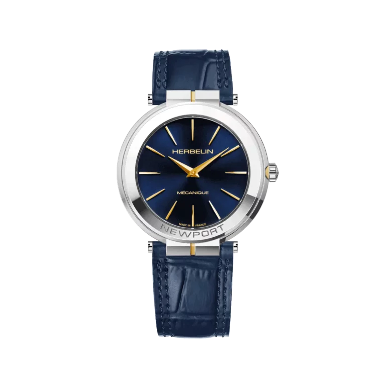 montre herbelin bracelet bleu cadran bleu slim aiguille index plaque or jaune