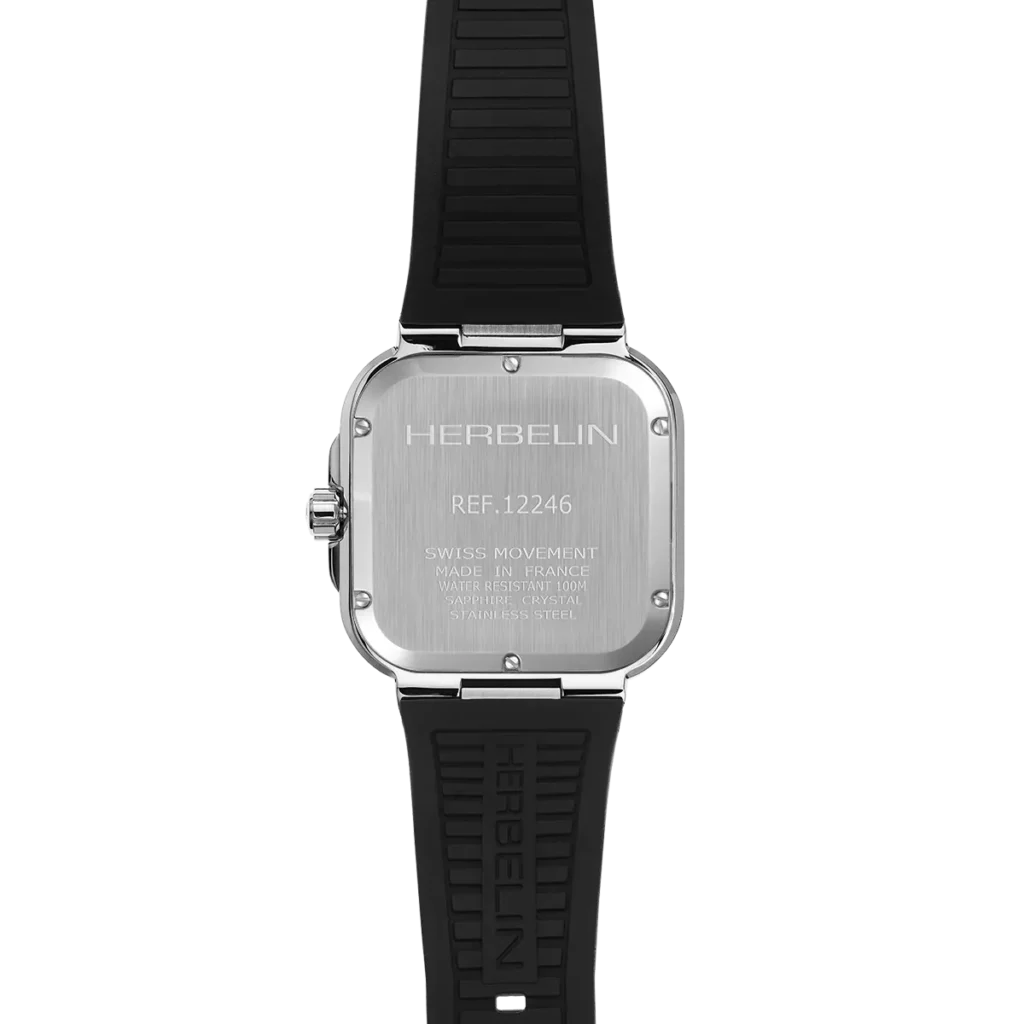 dos montre cap camarat carre bracelet caoutchouc FKM cadran bleu