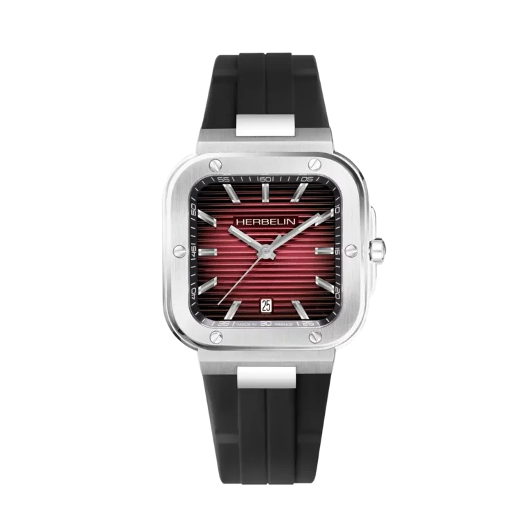 montre herbelin bracelet caoutchouc boitier carre cadran rouge