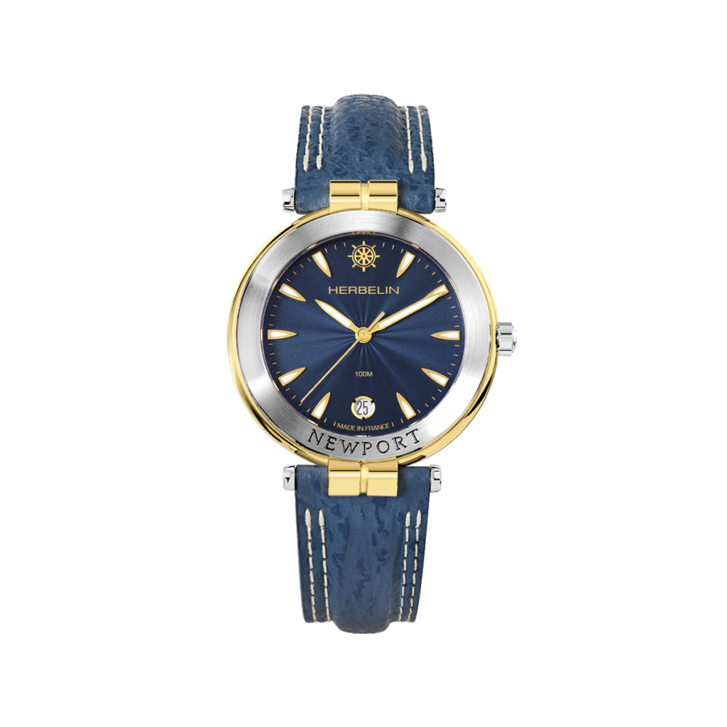 montre herbelin bracelet cuir bleu Newport or jaune