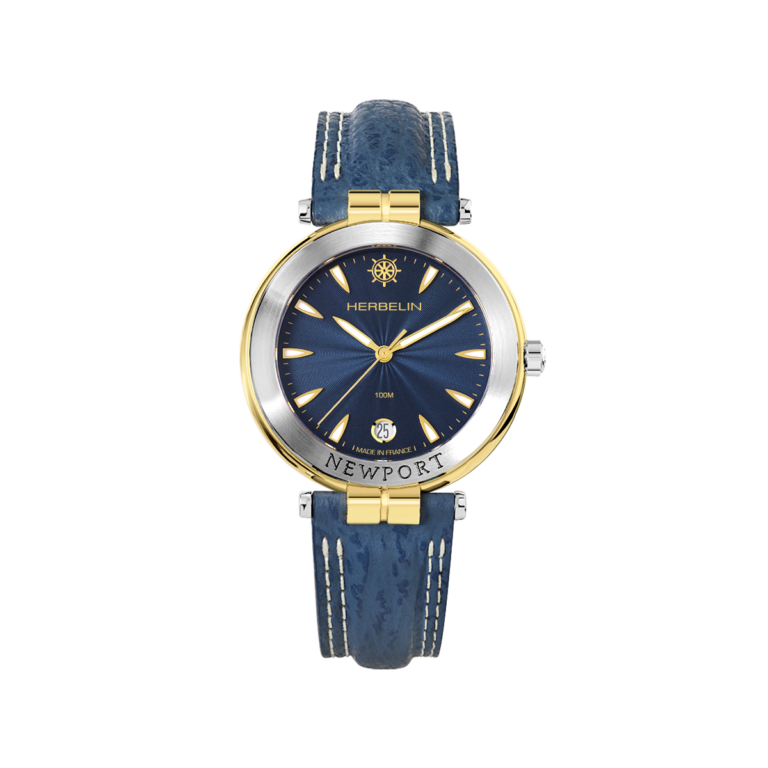 montre herbelin bracelet cuir bleu Newport or jaune