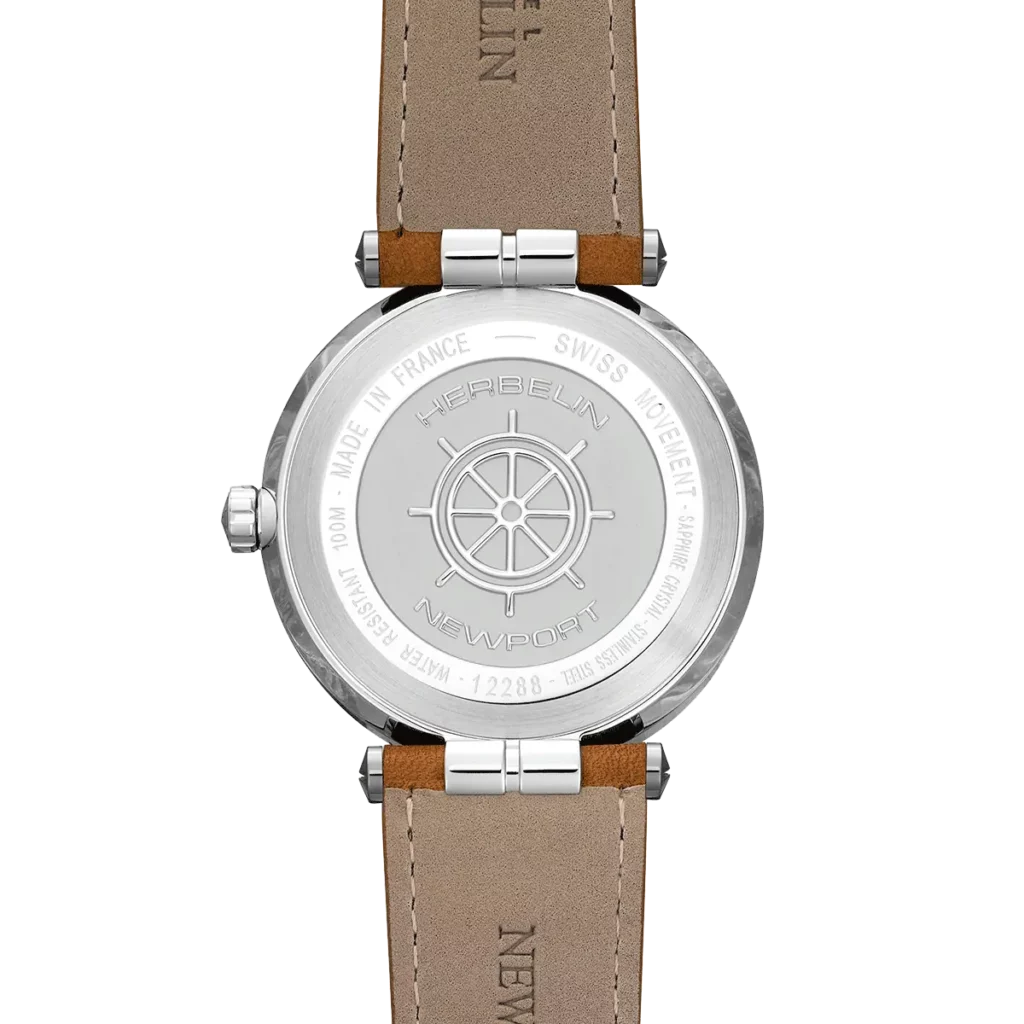 dos montre herbelin bracelet cuir marron cadran bleu