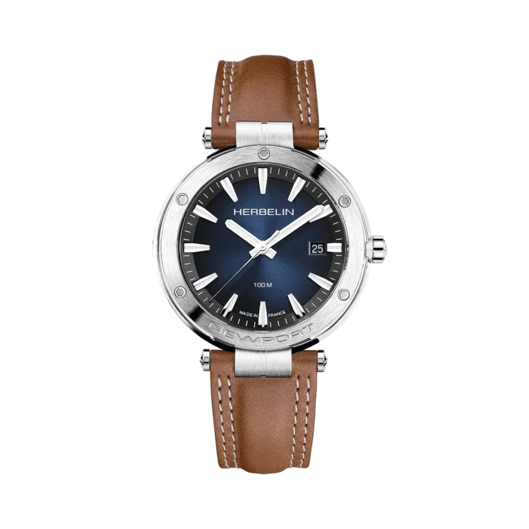 montre herbelin bracelet cuir marron cadran bleu