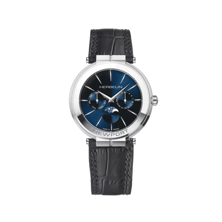 montre newport slim bracelet noir cadran bleu phase de lune