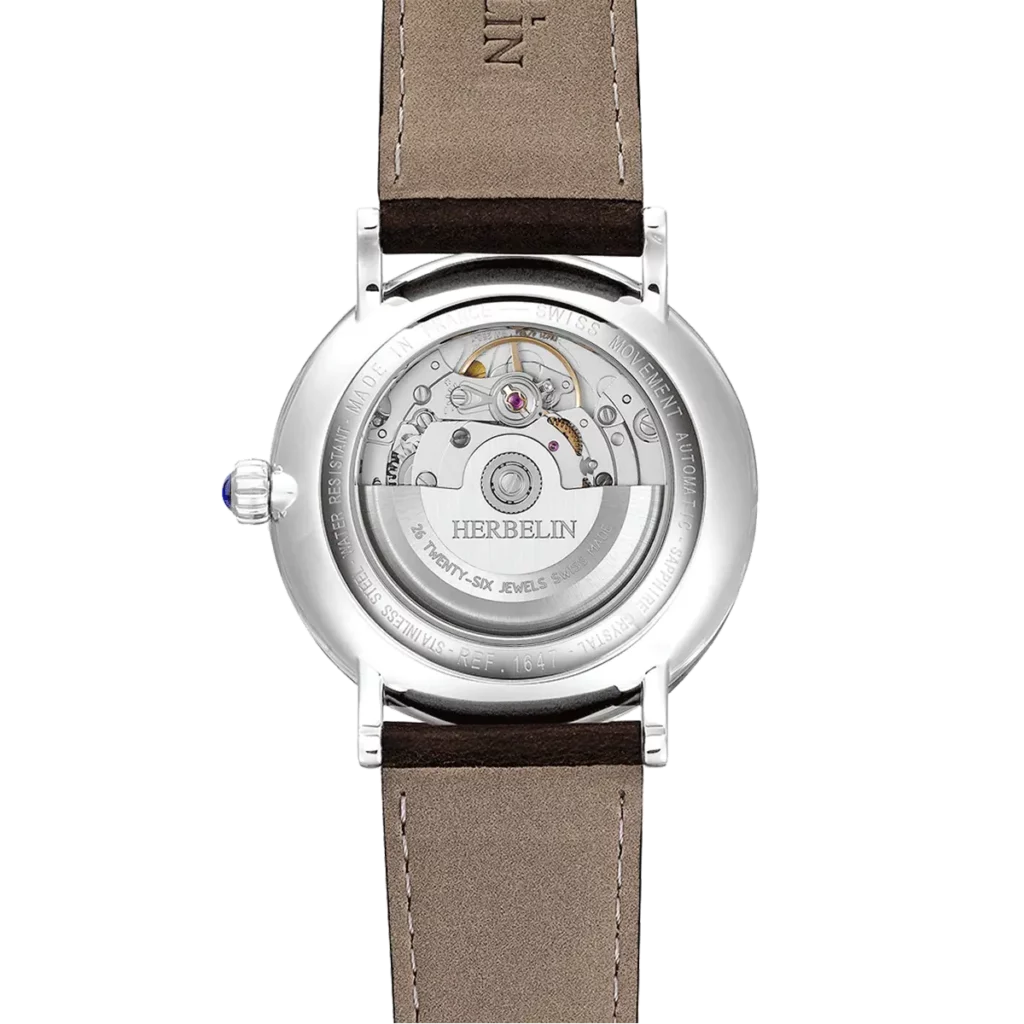 dos montre herbelin inspiration cadran bleu bracelet cuir marron automatique