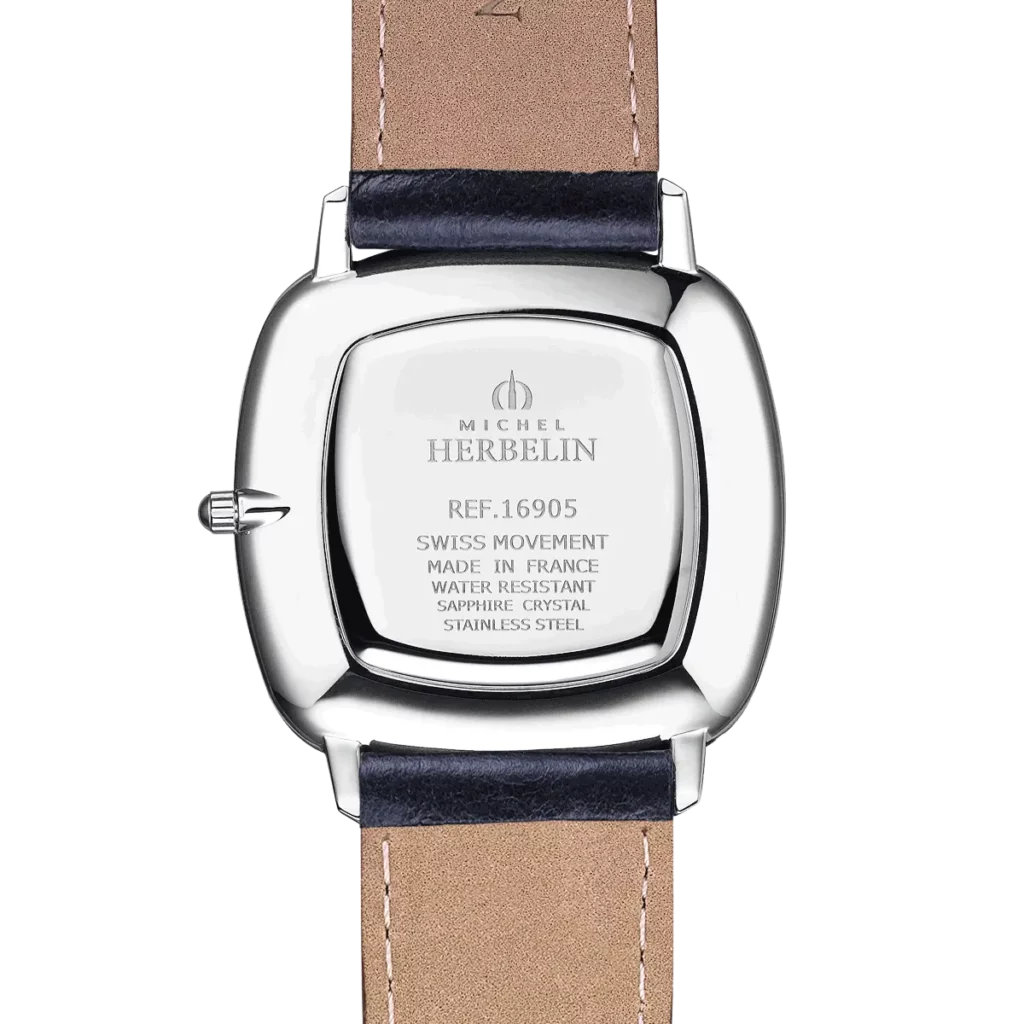 dos montre herbelin bracelet cuir bleu cadran carre homme