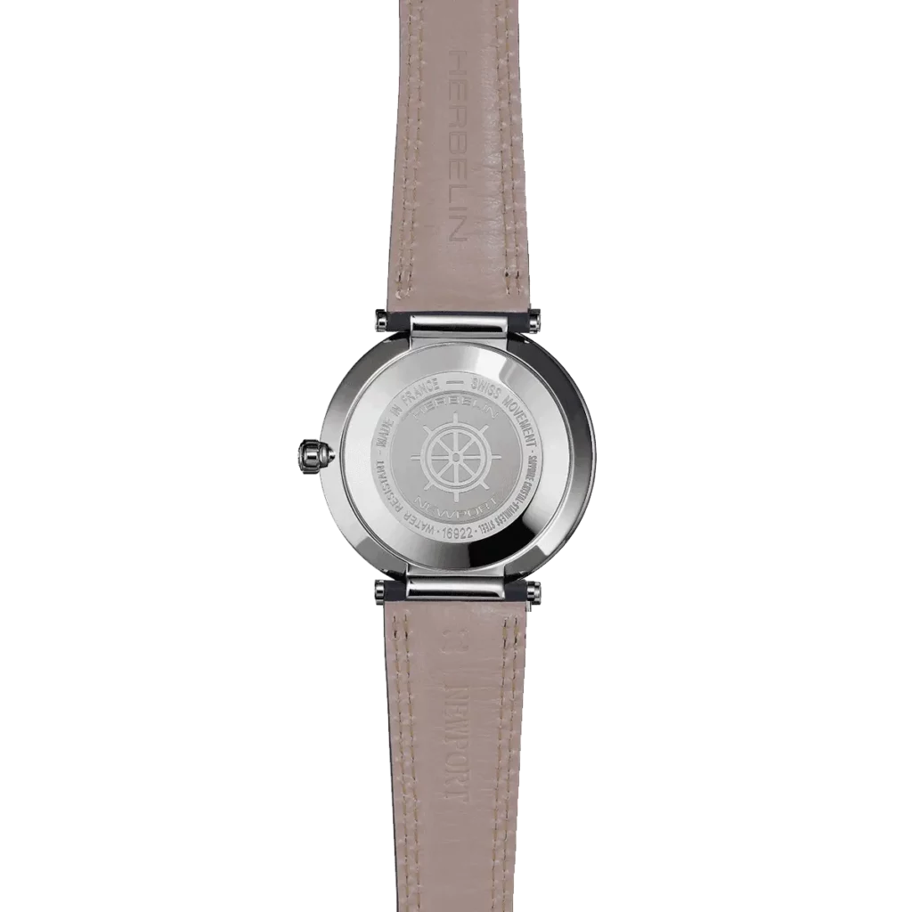 dos montre herbelin cadran bleu nacre boitier acier bracelet cuir bleu