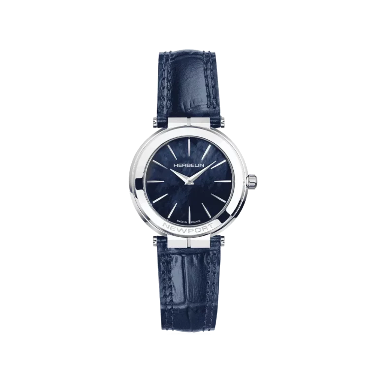 montre herbelin cadran bleu nacre boitier acier bracelet cuir bleu