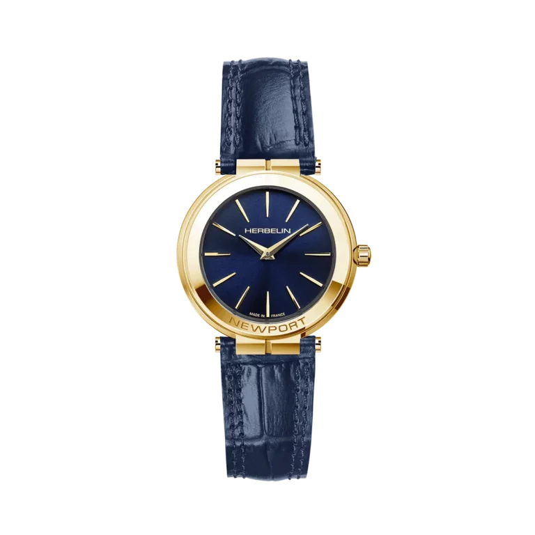 montre herbelin bracelet cuir facon croco bleu boitier plaque or jaune