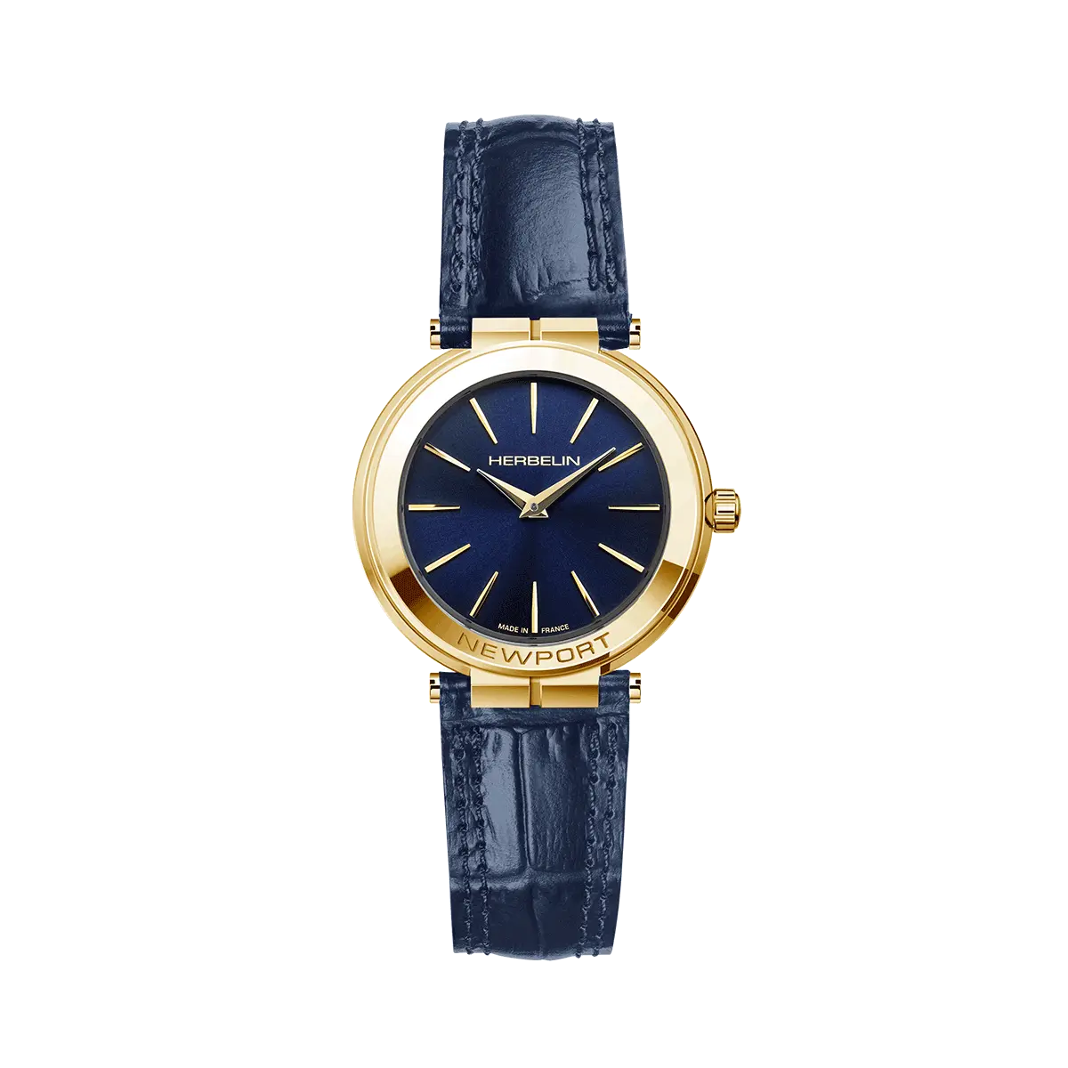 montre herbelin bracelet cuir facon croco bleu boitier plaque or jaune