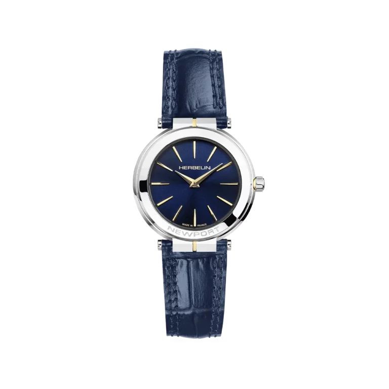 montre herbelin bracelet cuir bleu plaque or jaune acier newport slim