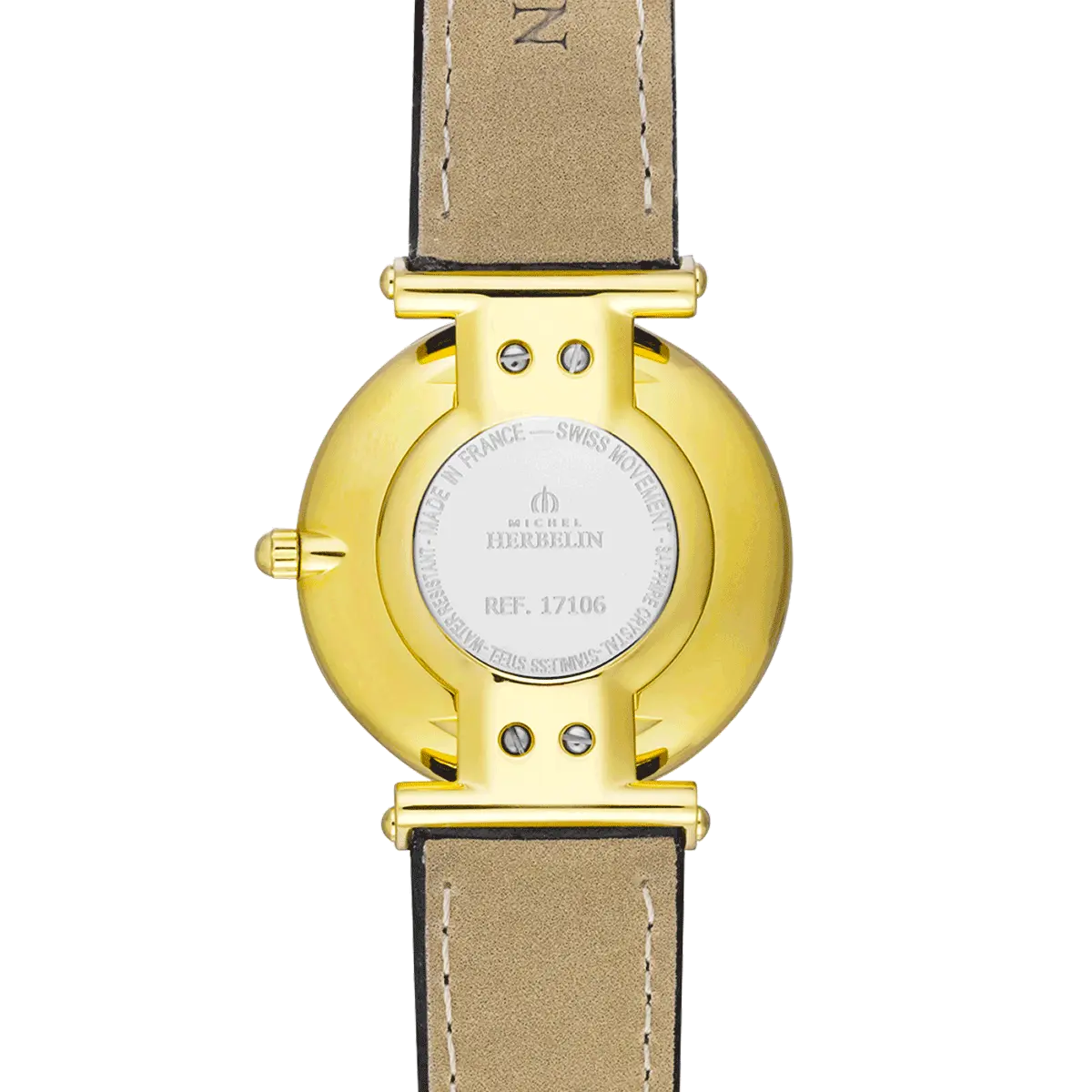 dos montre herbelin boitier plaque or jaune bracelet cuir