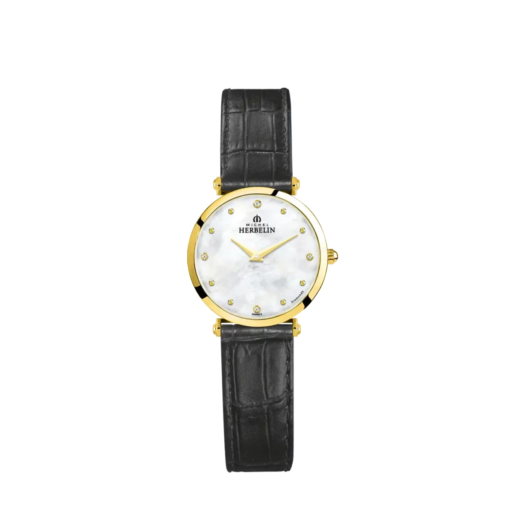 P89N montre herbelin cadran nacre plaque or jaune bracelet noir facon croco