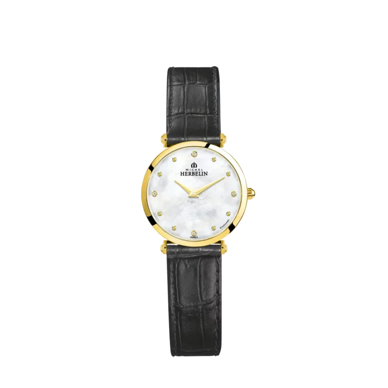 P89N montre herbelin cadran nacre plaque or jaune bracelet noir facon croco
