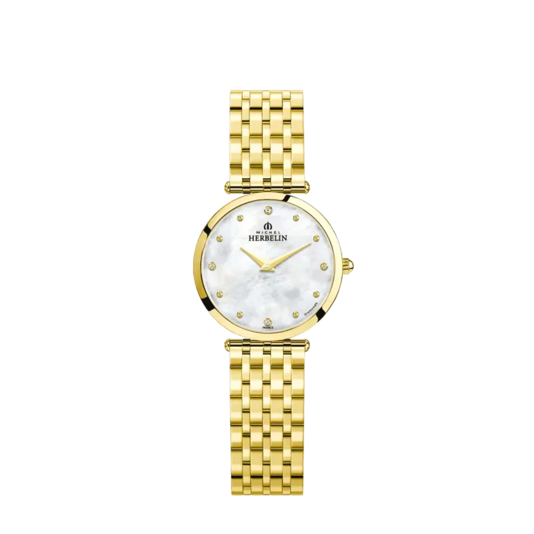 montre femme plaque or jaune cadran nacre veritable