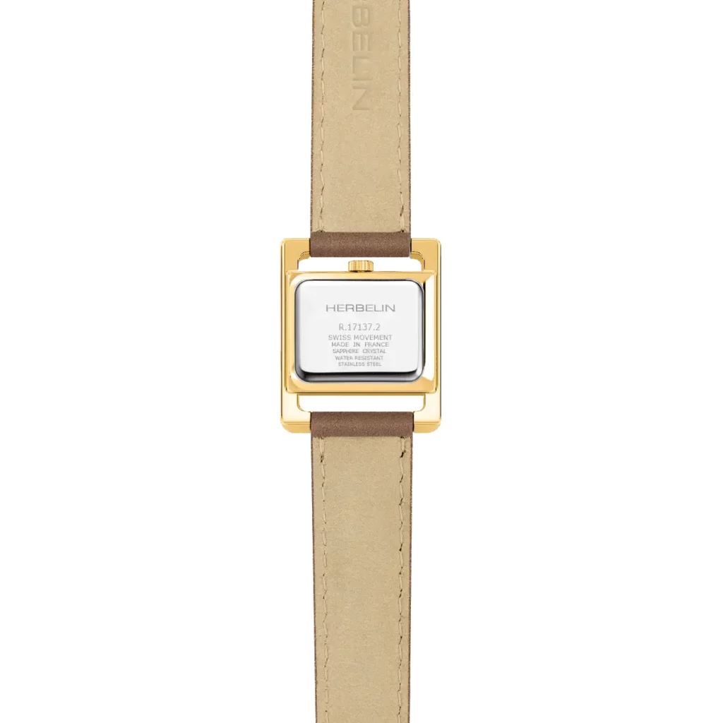 dos montre herbelin bracelet cuir marron boitier rose gold
