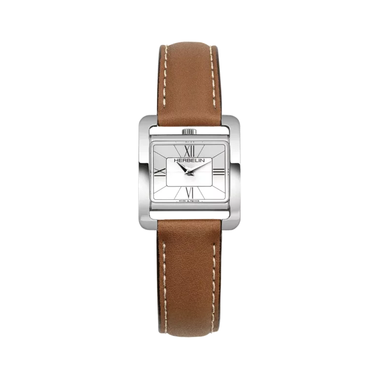montre herbelin bracelet marron cuir femme cadran argent chiffre romain