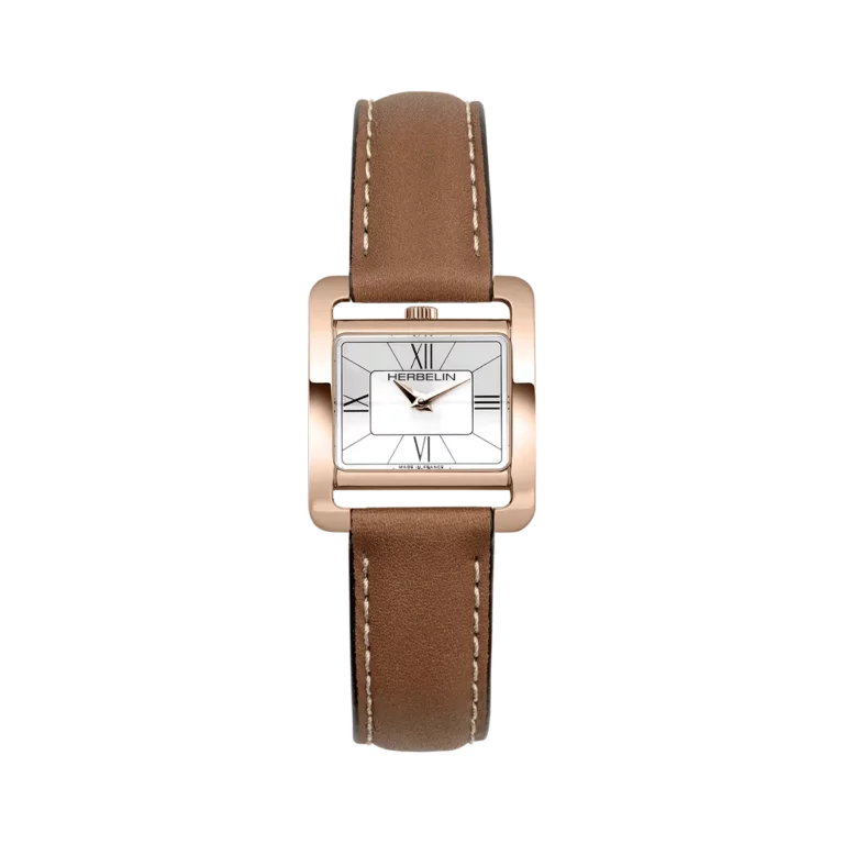montre herbelin bracelet marron boitier plaque or jaune
