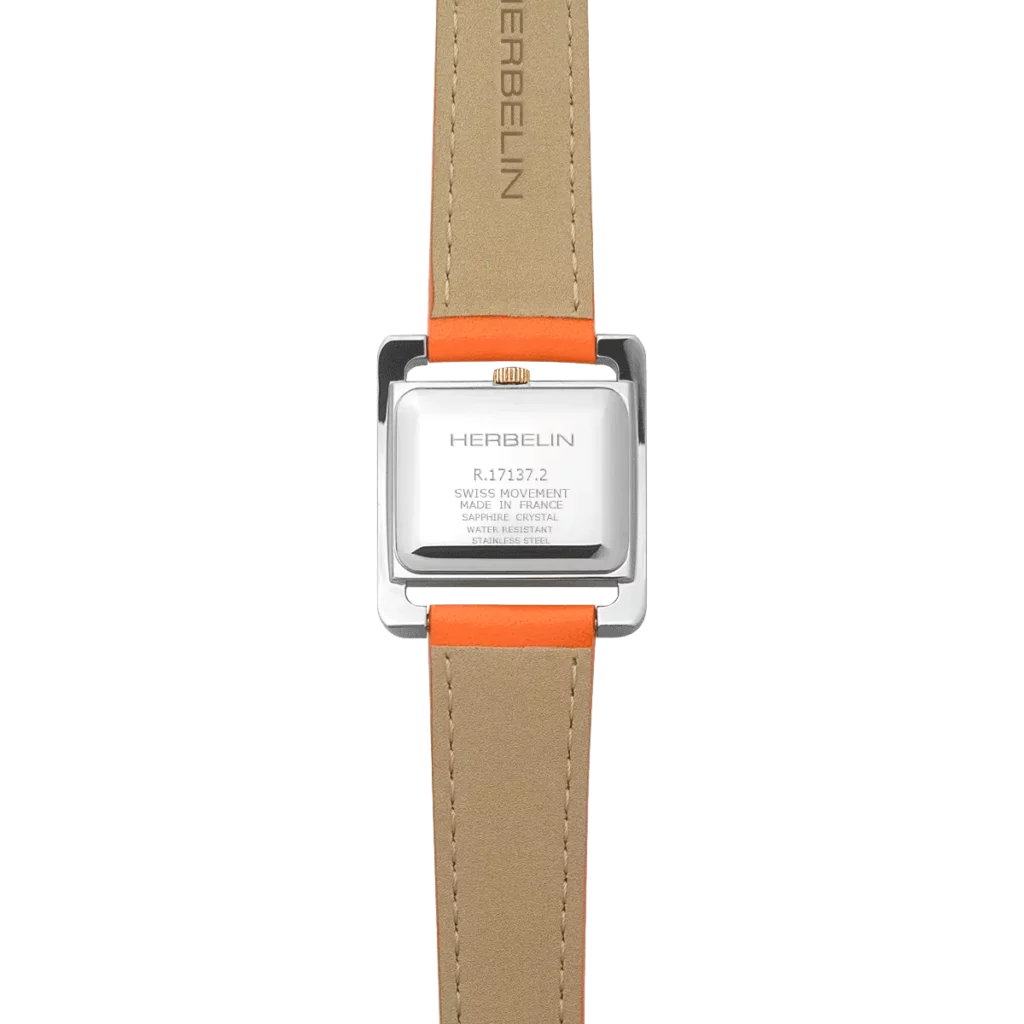 dos montre herbelin bracelet orange femme elegante boitier acier