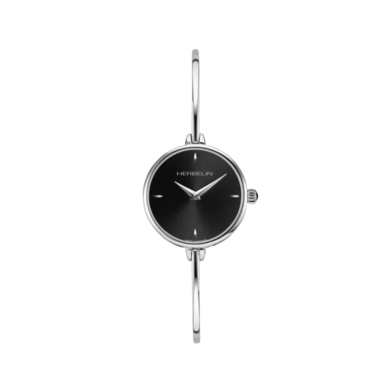 montre herbelin cadran noir acier bracelet fin rigide modele femme elegant