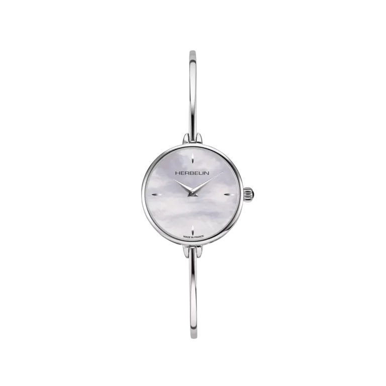 montre femme acier bracelet fin rigide cadran nacre