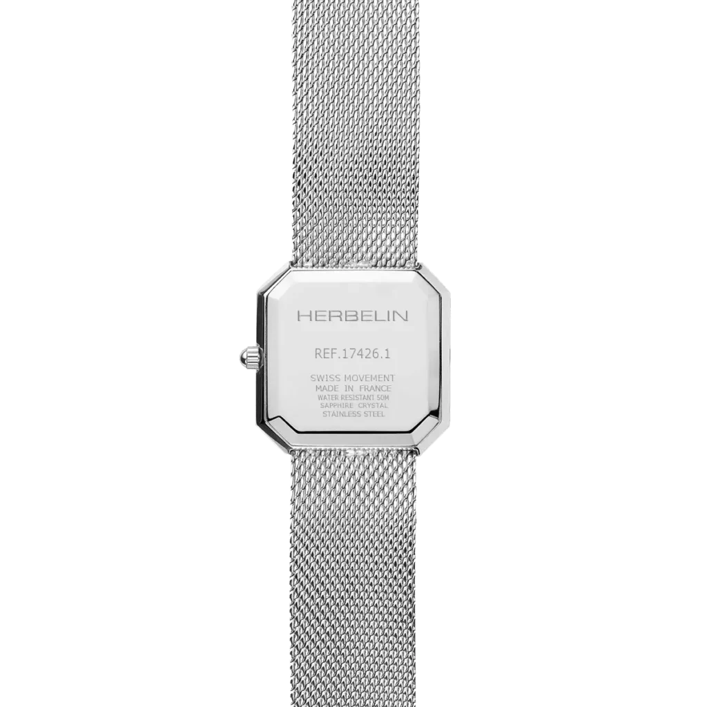 dos montre herbelin octogone formes geometriques acier cadran nacre noire