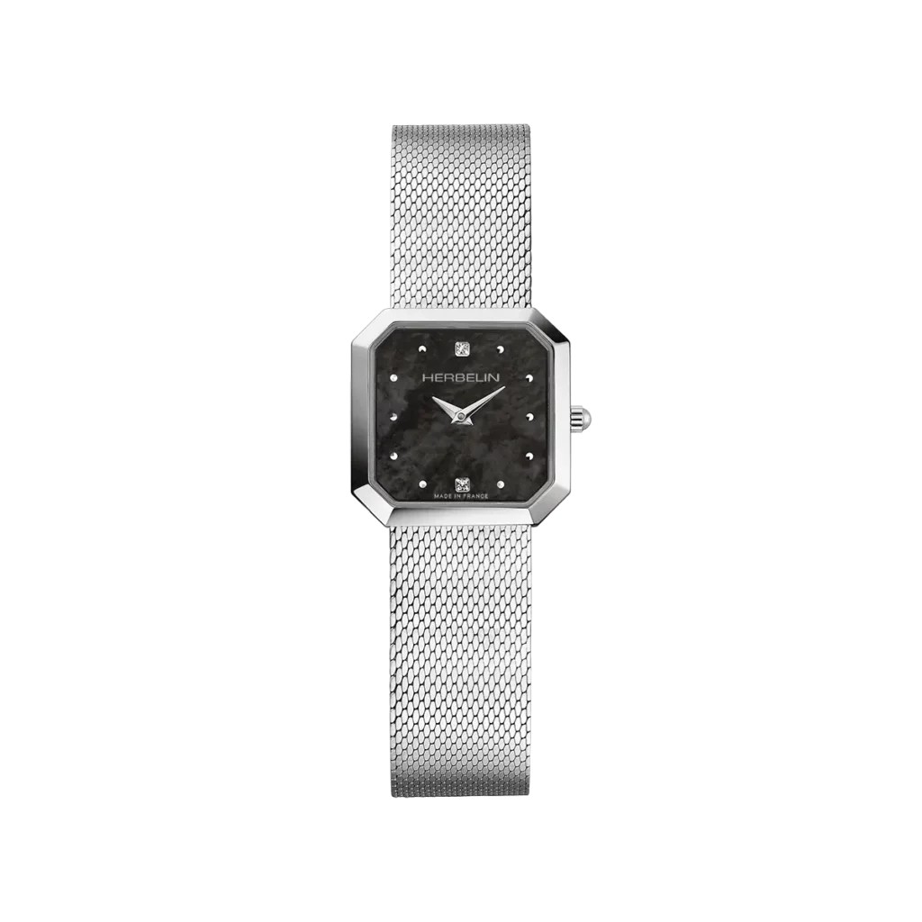 montre herbelin octogone formes geometriques acier cadran nacre noire