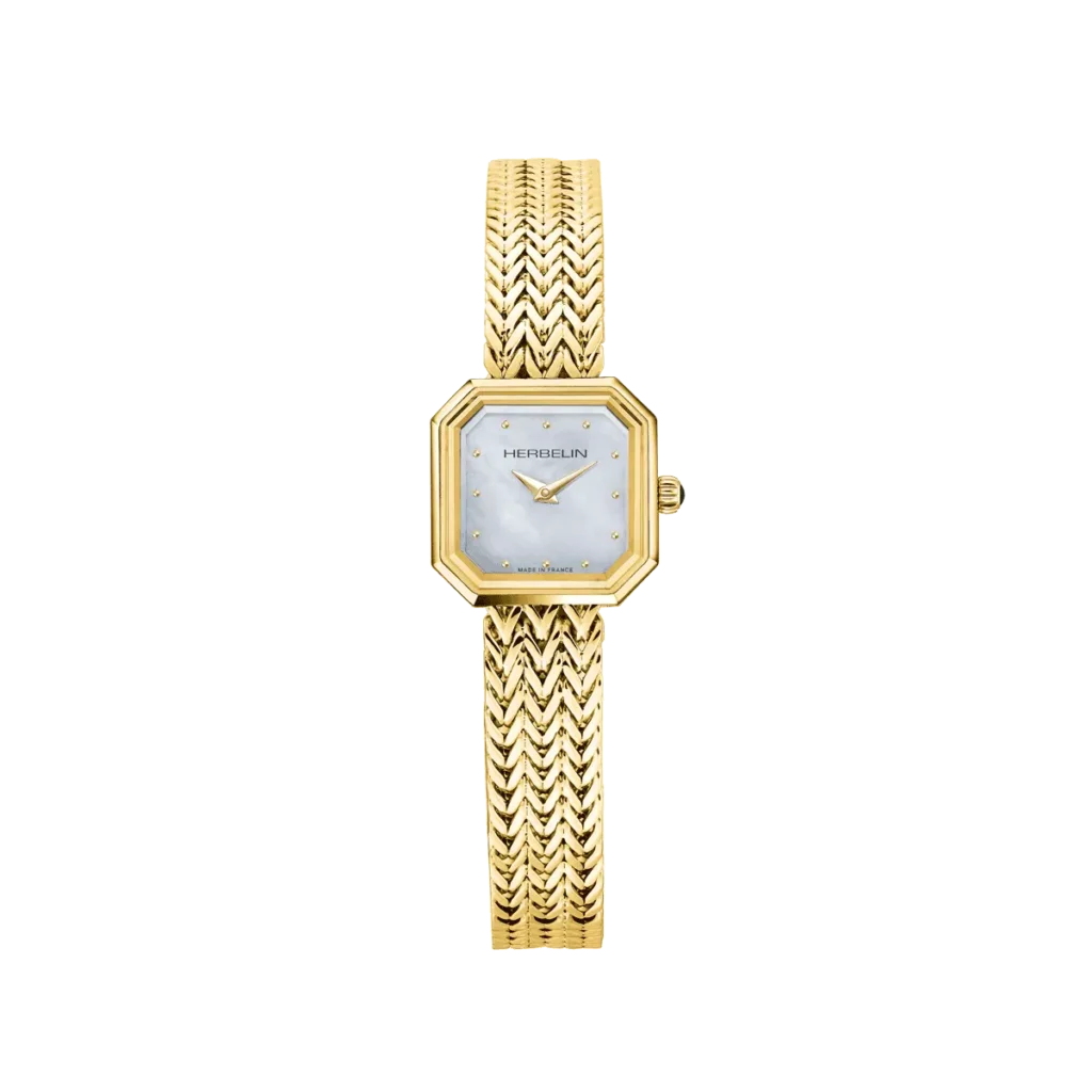 montre herbelin bracelet milanais plaque or jaune cadran nacre veritable