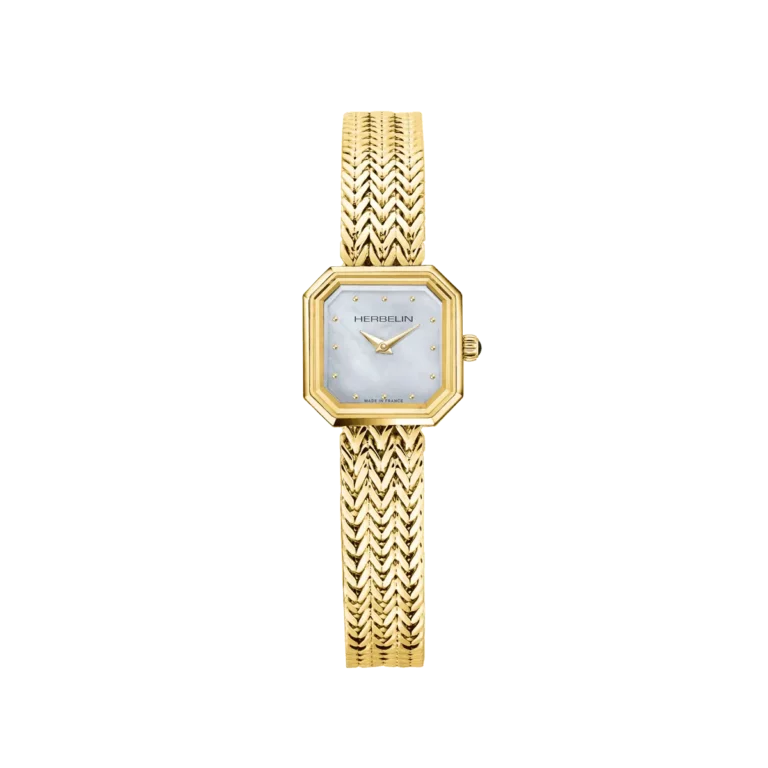 montre herbelin bracelet milanais plaque or jaune cadran nacre veritable