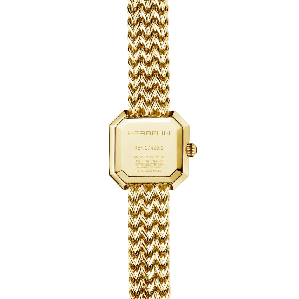 dos montre herbelin femme plaque or jaune bracelet milanais cadran nacre