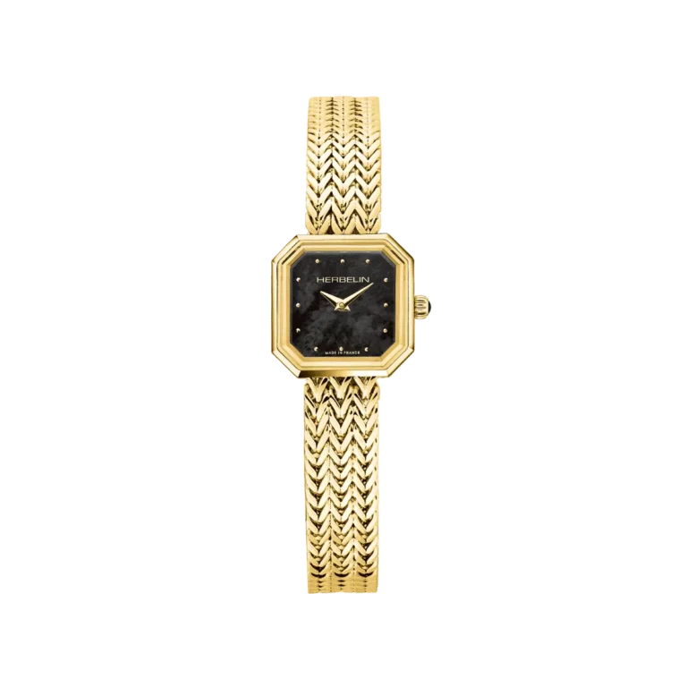 montre herbelin femme plaque or jaune bracelet milanais cadran nacre