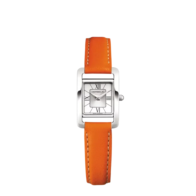 montre herbelin bracelet cuir orange cadran chiffre romain femme elegante