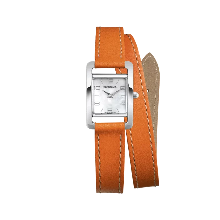 herbelin montre bracelet double tour laniere orange cadran nacre