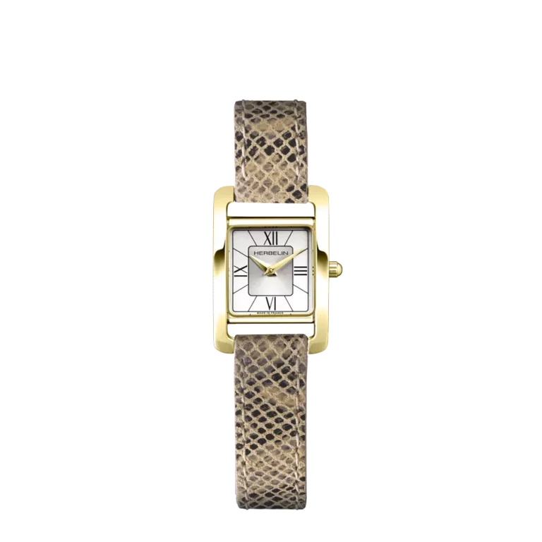 montre herbelin chiffres romains plaqué or jaune bracelet python