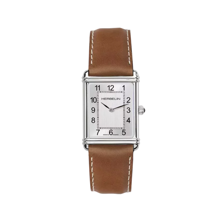 montre homme herbelin bracelet cuir marron cadran rectangulaire art deco