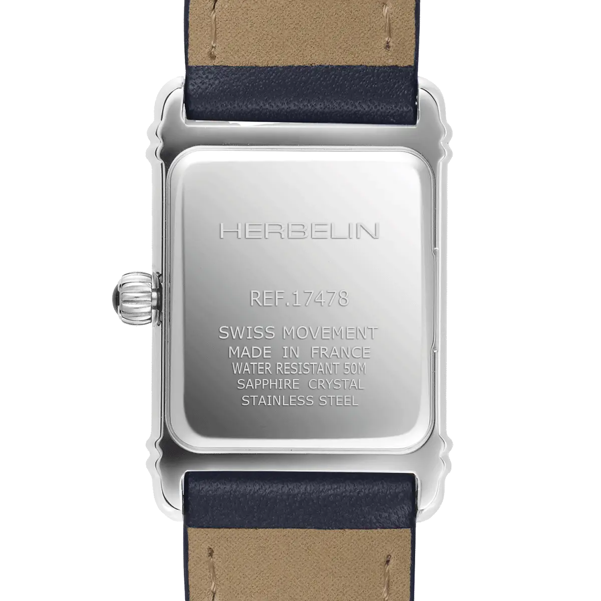 dos montre herbelin bracelet cuir facon croco bleu cadran acier