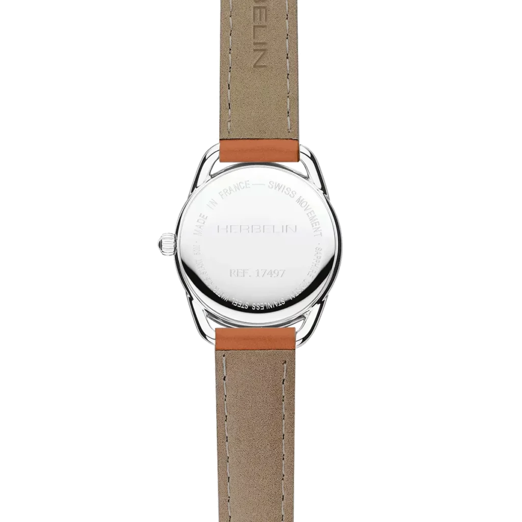 dos montre herbelin bracelet cuir marron cadran chiffre romain