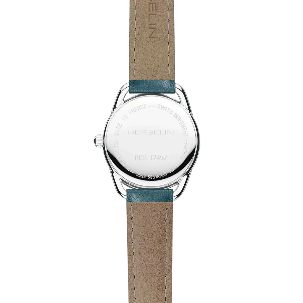 dos montre herbelin bracelet cuir bleu canard cadran nacre