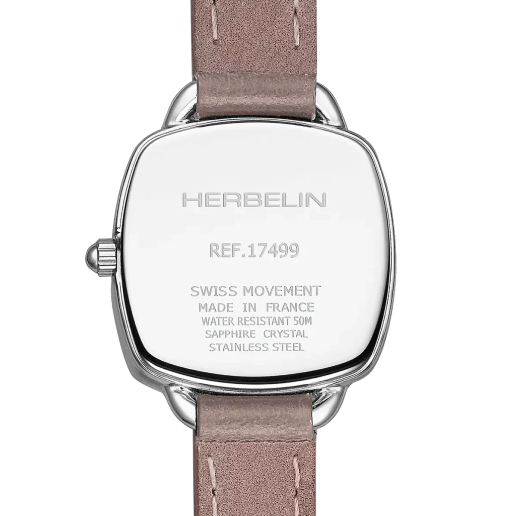 dos montre herbelin equinoxe modele feminin cadran nacre bracelet gris en cuir