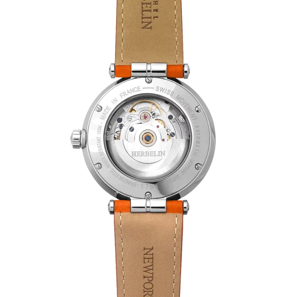 dos montre herbelin bracelet cuir marron cadran bleu mouvement automatique newport