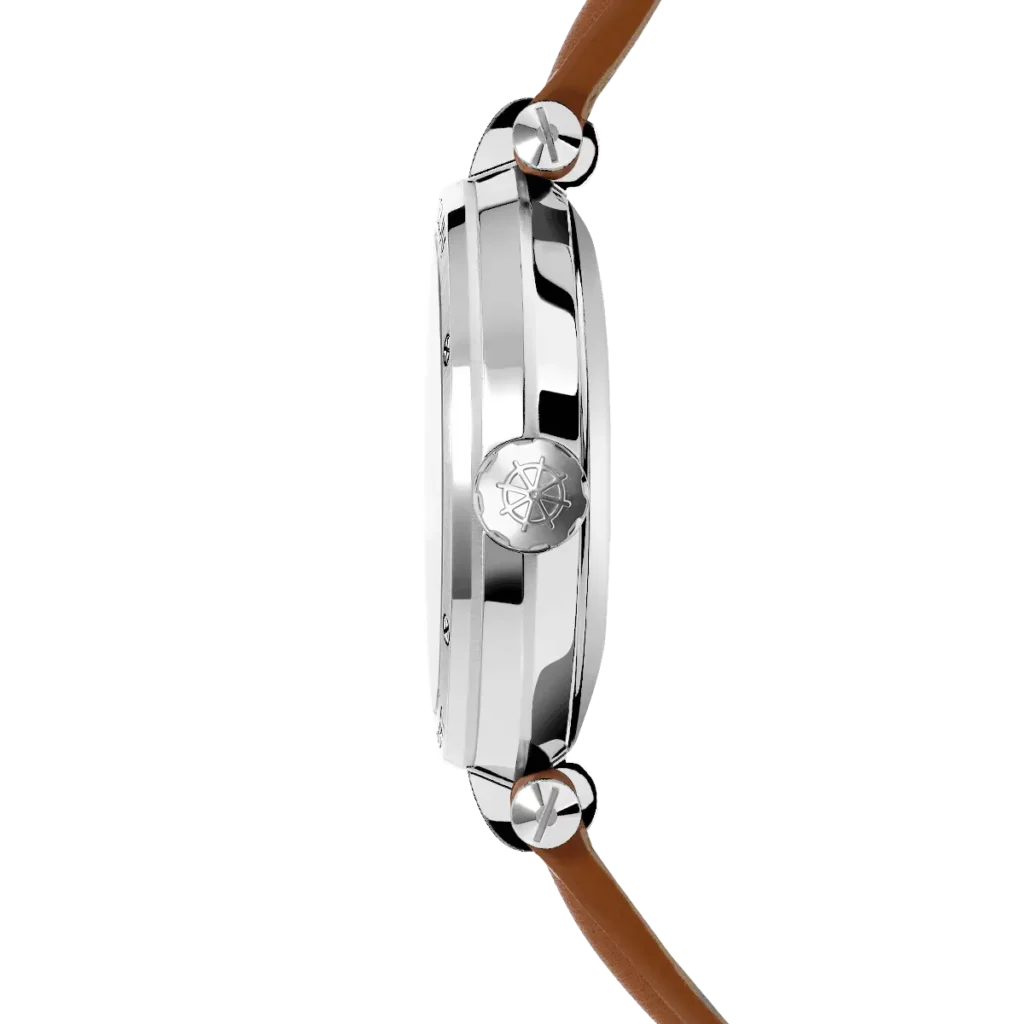 profil montre herbelin bracelet cuir marron cadran bleu mouvement automatique newport