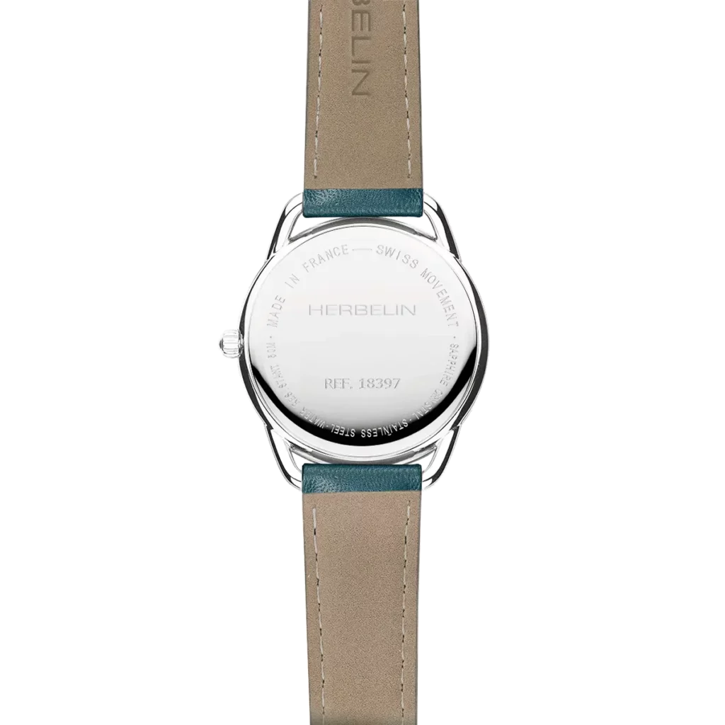 dos montre femme herbelin cadran nacre bracelet bleu canard