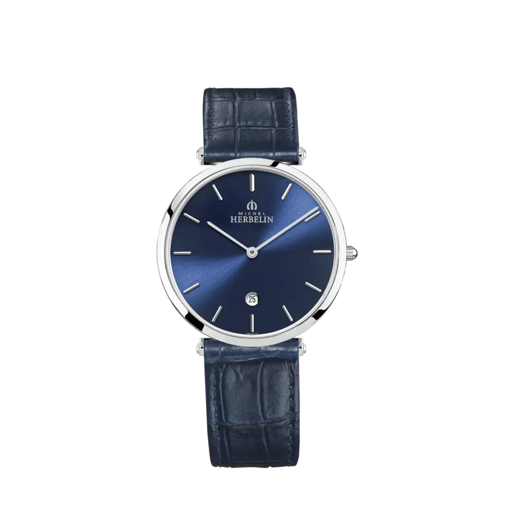 montre herbelin bracelet cuir facon croco bleu cadran bleu