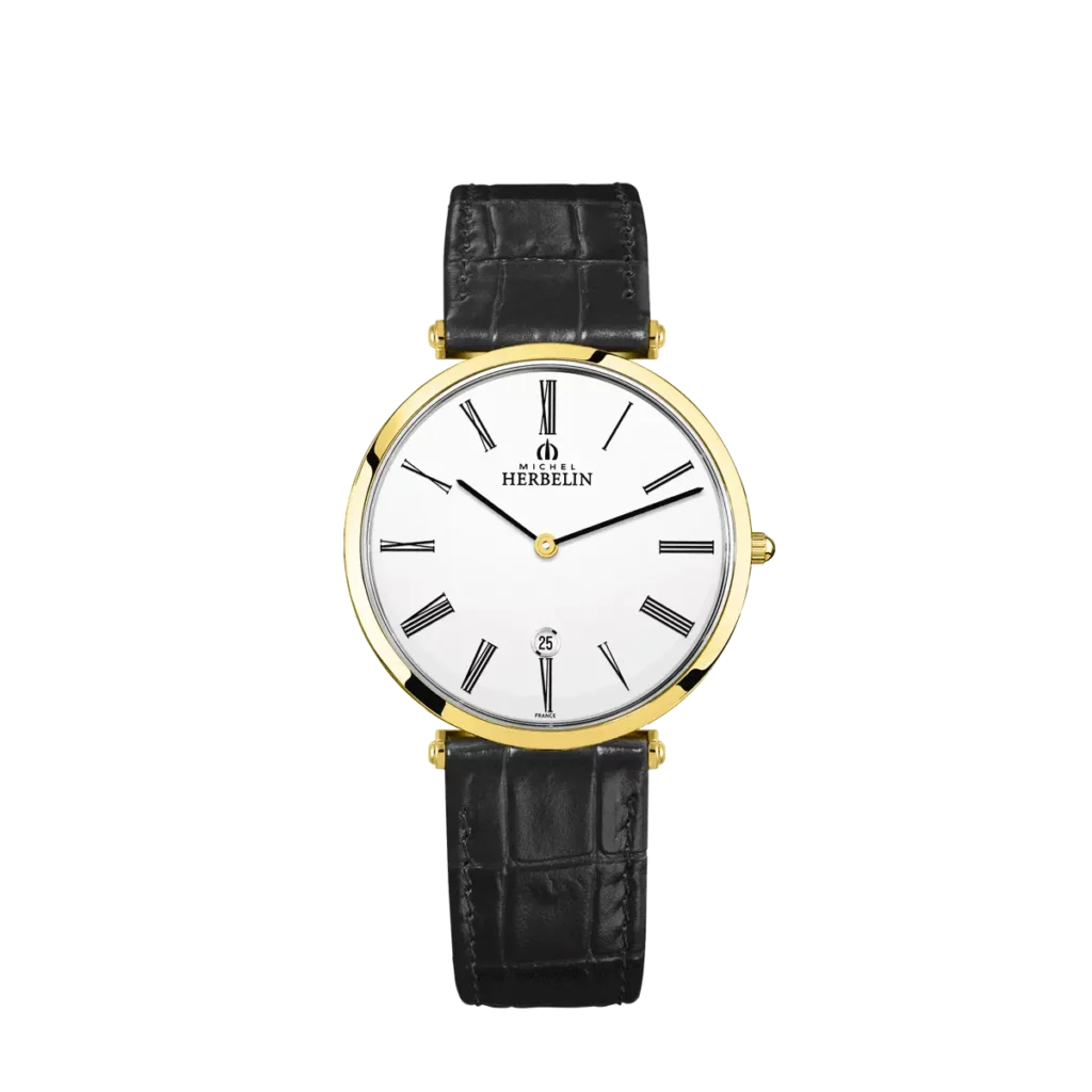montre herbelin homme bracelet cuir noir facon croco cadran plaque or jaune