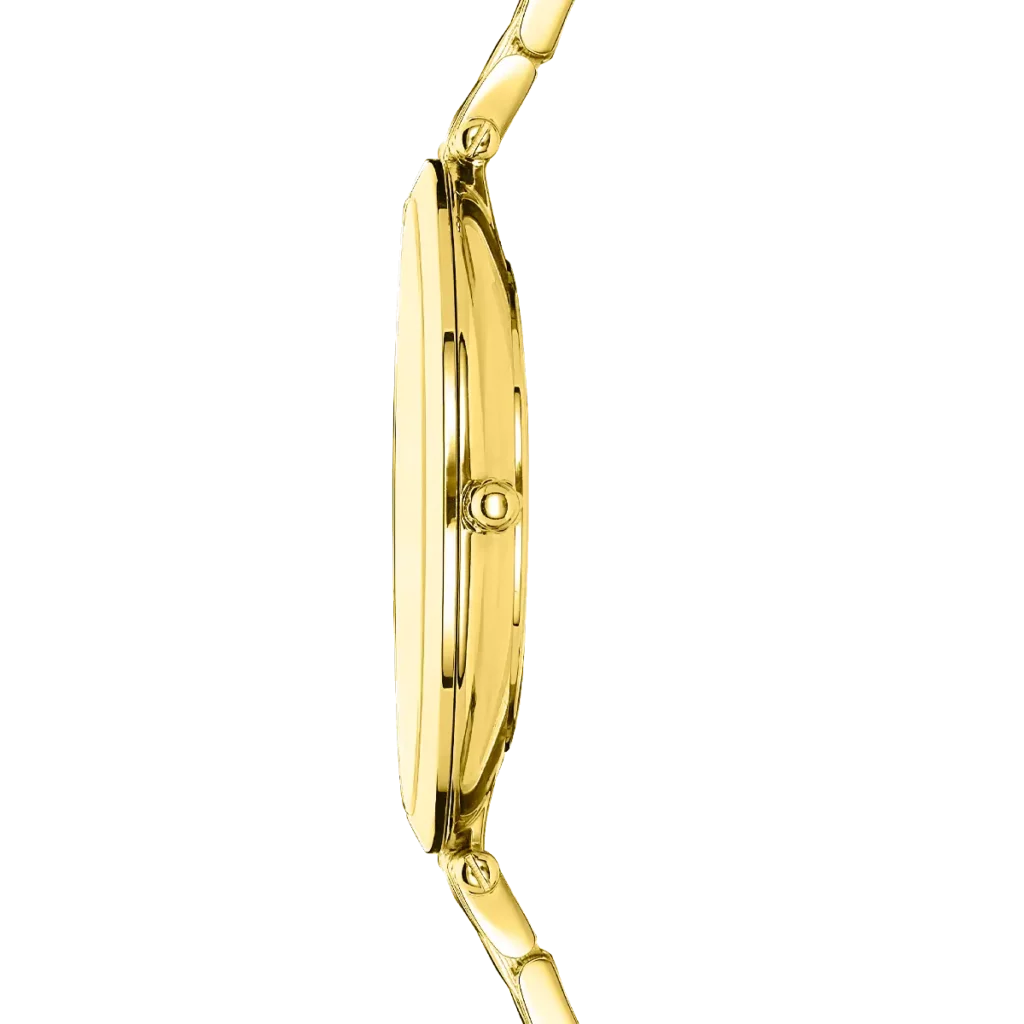 profil montre cadran noir boitier plaque or jaune